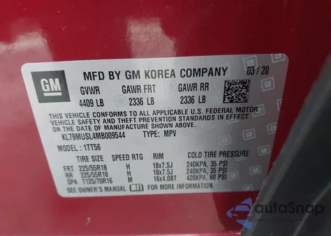 2021 Chevrolet Trailblazer Awd Rs z USA, uszkodzony, nr VIN KL79MUSL4MB009544